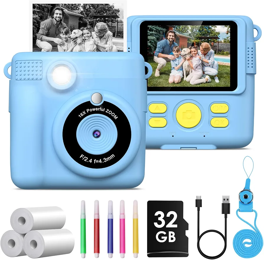 Camara Fotos Infantil Instantanea,GREENKINDER Camara Fotos Infantil,2.4" HD 1080P Cámara Instantánea para Niños con Tarjeta de 32GB,Bolígrafos de Colores y Papel de Impresión,Regalos Juguete