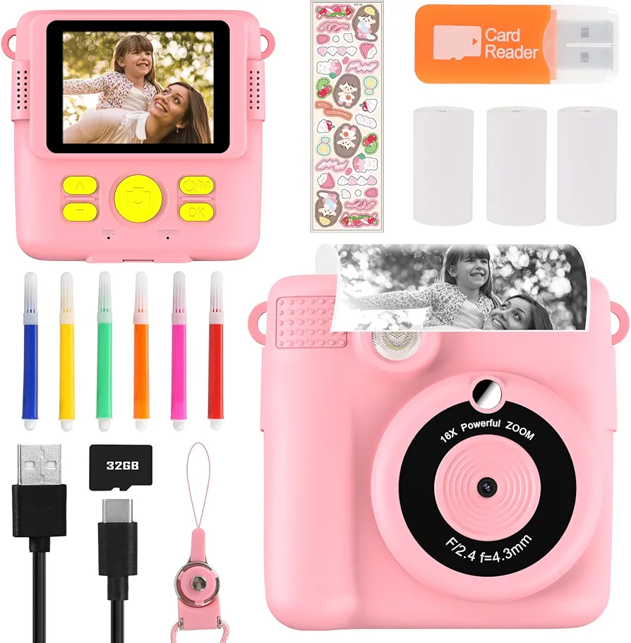 GGISUI Cámara Instantánea, 40MP/1080P Fotos Infantil con Pantalla de 2.4 Pulgadas, Zoom de 16X, Tarjeta TF 32GB, Lector Tarjetas,Papel Impresión, Regalo para niños (Rosa)