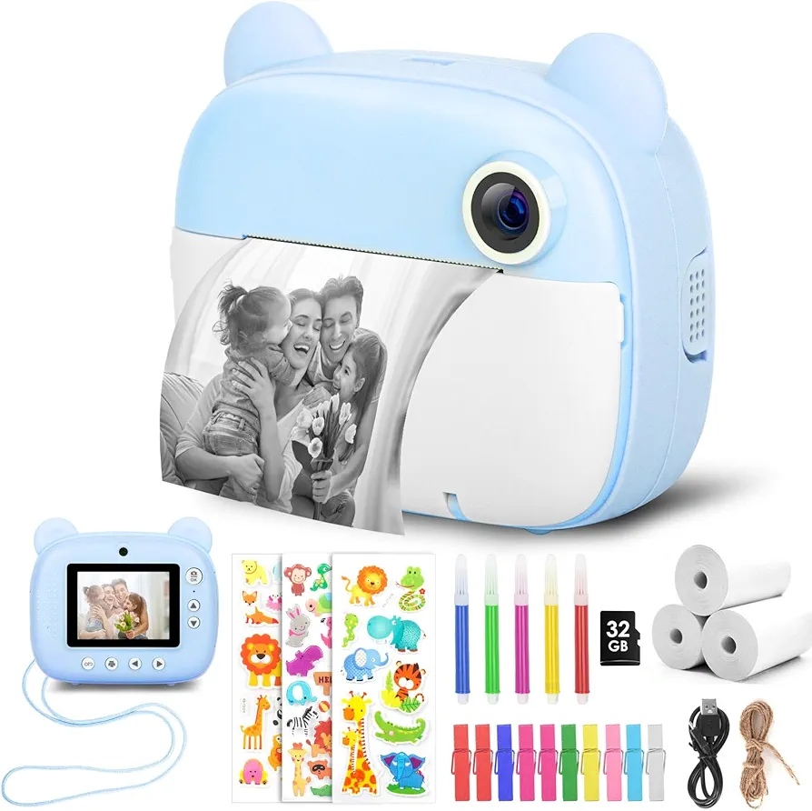 Cámara Infantil - Cámara Digital Instantánea con Impresión 1080P - Zoom Digital 16X 2.4 - Tarjeta de 32GB - 3 Rollos de Papel de Impresión - con Estuche Niños de 3 a 12 Años