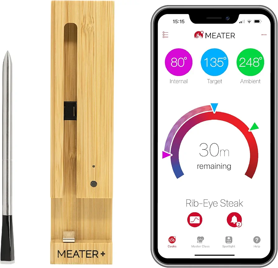 MEATER Plus | 50m Termómetro inalámbrico inteligente para carne para el horno, parrilla de cocina, barbacoa, ahumador, asador con Bluetooth y conectividad digital WiFi