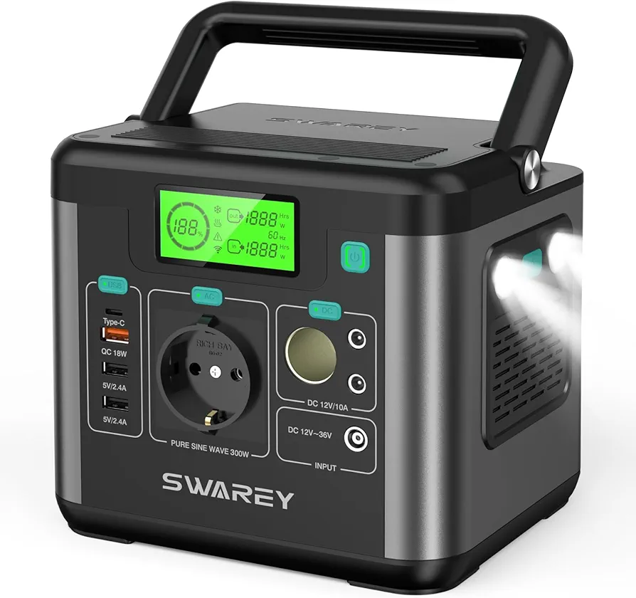 SWAREY Estación de Energía Portátil, Batería Litio de 222Wh, Salida de CA de 300W (Pico de 600W), Puerto USB-C de 65W, Generador Solar Portátil para Camping, Viajes, Pesca, RV