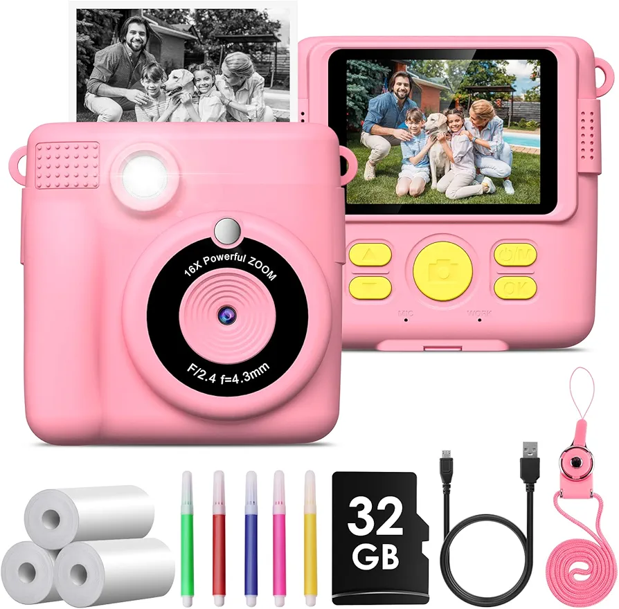 Camara Fotos Infantil Instantanea,GREENKINDER Camara Fotos Infantil,2.4" HD 1080P Cámara Instantánea para Niños con Tarjeta de 32GB,Bolígrafos de Colores y Papel de Impresión