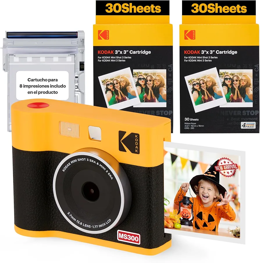 KODAK Mini Shot 3 ERA 4PASS 2-en-1 Cámara Instantánea e Impresora de Fotos (7,6x7,6cm) (Cámara + Pack con 68 Hojas (8 Hojas Iniciales + 60 Hojas), Amarillo)