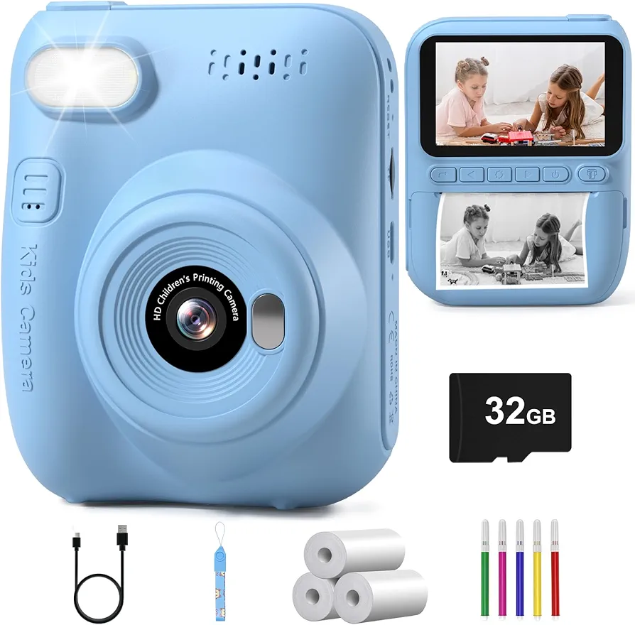 Hangrui Camara Fotos Infantil Instantanea, 3.0" HD 1080P Camara Fotos Infantil con Tarjeta de 32G, Cámara Instantánea para Niños con Papel de Impresión y Bolígrafos de Colores, Regalos Juguete