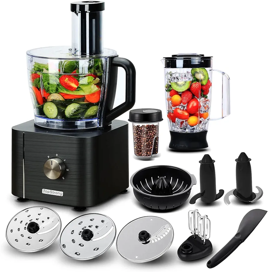 TopStrong Procesador de Alimentos 1100W,11 en 1 Robot de Cocina Multifunción,Capacidad 3.2 litros,Multi-Accesorios(Licuadora, Picadora, Multi Mezclador con Cuchilla para Masa)