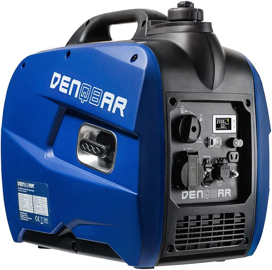 DENQBAR Inverter Power Generator DQ-2100 2100W Generador de gasolina con 230V, USB Fast-Load, silencioso, motor de 4 tiempos, portátil - camping, al aire libre, obras, autocaravana y de emergencia