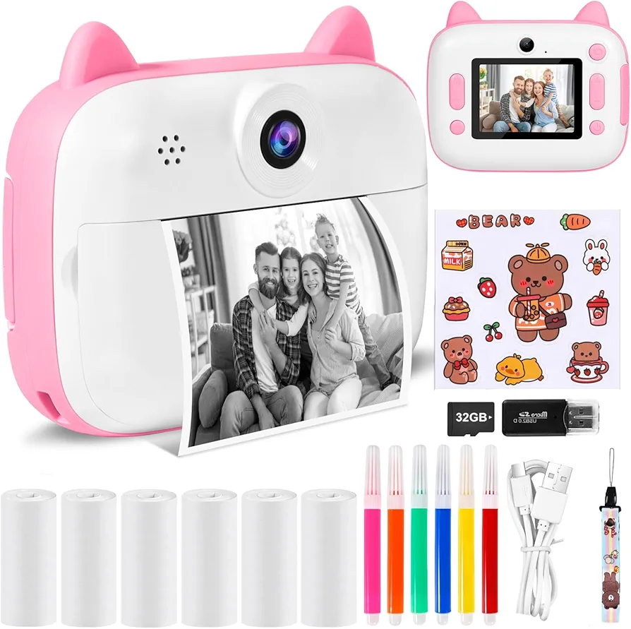 Camara Fotos Infantil Instantanea, 2.4" HD 1080P Cámara para Niños con Tarjeta SD de 32GB,Bolígrafos de Colores y Papel de Impresión,Regalos Juguete