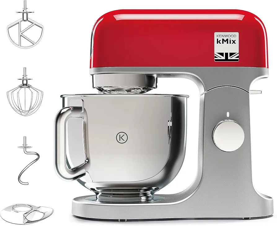 Kenwood kMix KMX750RD - Robot de Cocina Multifunción, 1000 W, Bol Metálico de 5 L con Asa, Gancho para Amasar, Varillas, Mezclado K, Acero Inoxidable, 6 Velocidades, Color Rojo