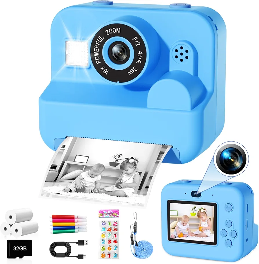 GKTZ Cámara de Fotos Instantáneas - Doble Cámara Fotos Infantil con Papel de Impresión y Tarjeta SD de 32G, Regalo para Niños de 3 a 14 años (Azul)