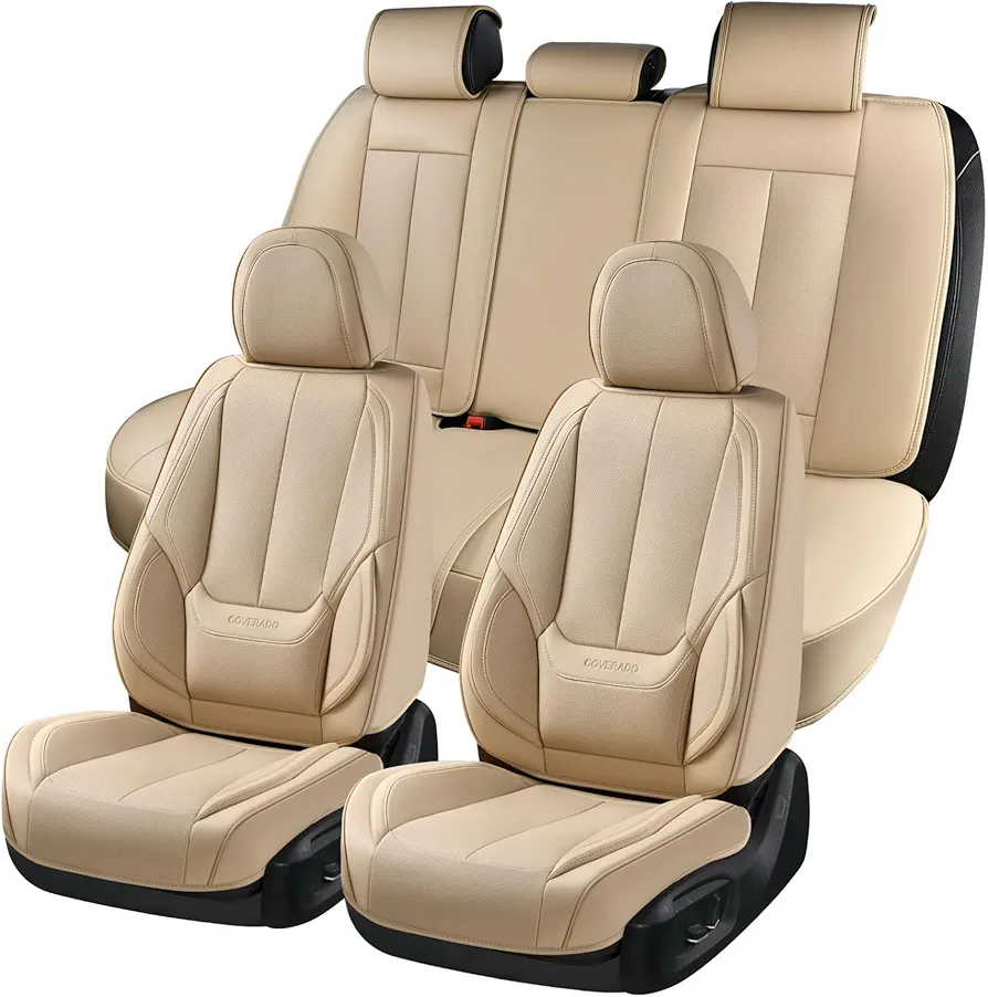 Coverado Fundas para Asientos Delanteros y Traseros 5 plazas, Juego Completo de Protectores de Asiento de automóvil de Cuero Nappa a Prueba de Agua, Accesorios universales, Color Beige