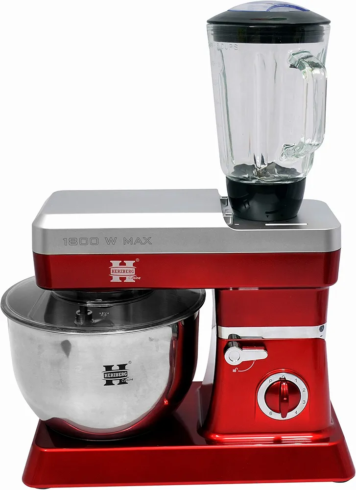 Herzberg, HG5065-RD, Robot Petrin Multifuncional, licuadora de cristal 1.7L, potencia 1800 W máx., ajuste de 6 velocidades, capacidad del cuenco 6,5 L, acero inoxidable, color rojo