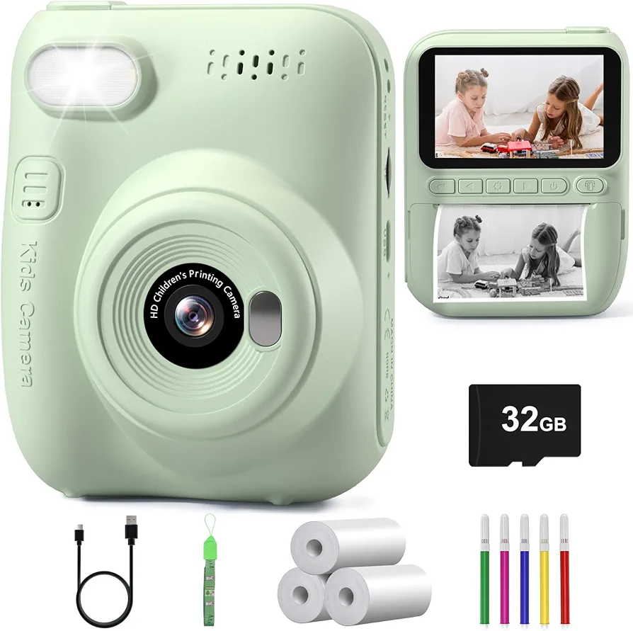 Hangrui Camara Fotos Infantil Instantanea, 3.0" HD 1080P Camara Fotos Infantil con Tarjeta de 32G, Cámara Instantánea para Niños con Papel de Impresión y Bolígrafos de Colores, Regalos Juguete