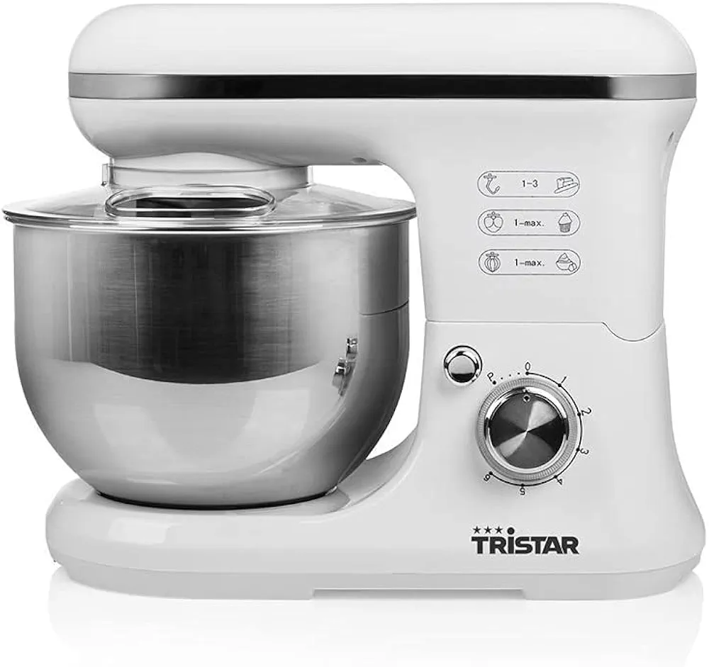 Tristar MX-4817 Robot de Cocina y repostería, batidora amasadora, para batir, mezclar y amasar, 3 Accesorios incluidos, 1200 W, 6 Velocidades, bol de acero inoxidable de 5 L, Blanco