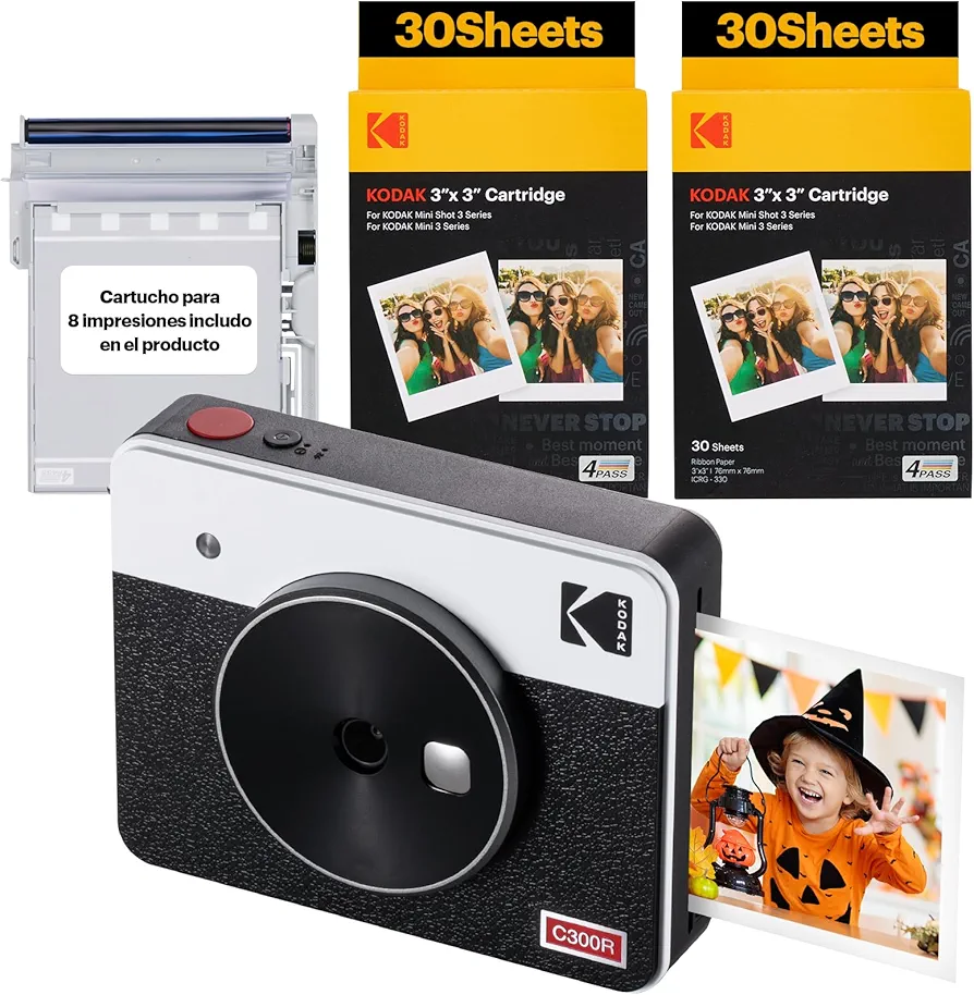 KODAK Mini Shot 3 Retro 4PASS 2-en-1 Cámara Instantánea e Impresora de Fotos (7,6x7,6cm) + Pack con 68 Hojas, Blanco