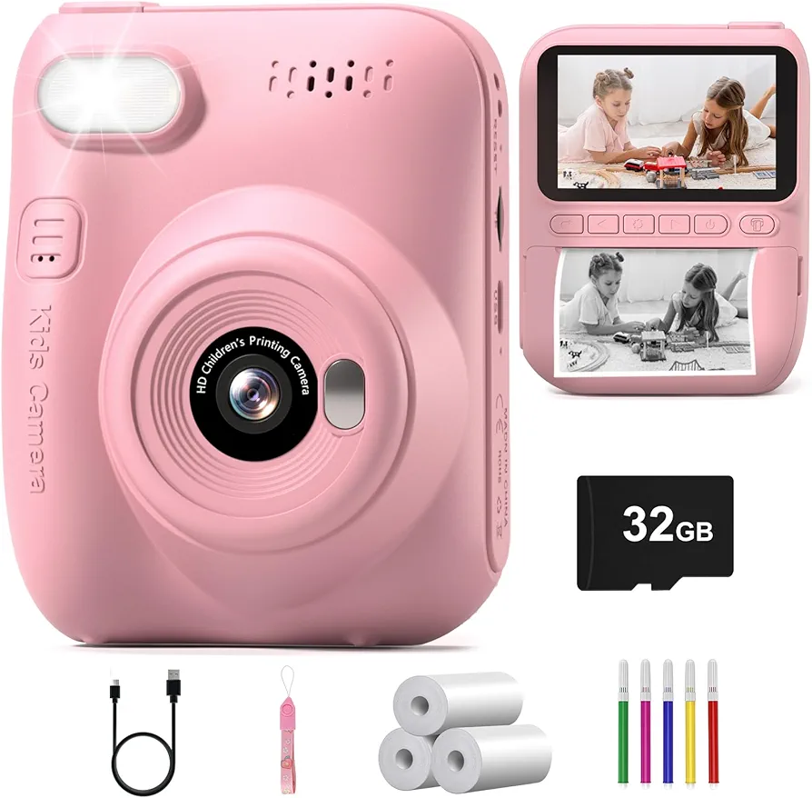 Hangrui Camara Fotos Infantil Instantanea, 3.0" HD 1080P Camara Fotos Infantil con Tarjeta de 32G, Cámara Instantánea para Niños con Papel de Impresión y Bolígrafos de Colores, Regalos Juguete