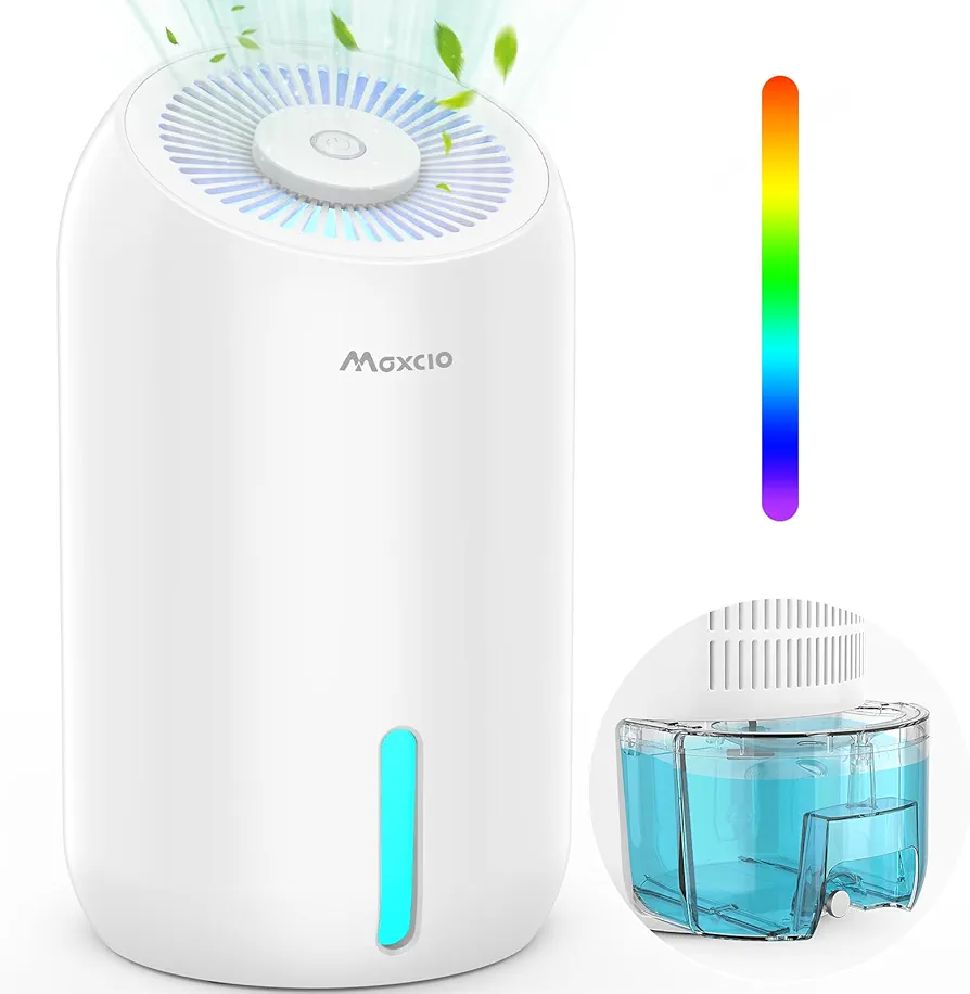 Maxcio Deshumidificador Electrico Bajo Consumo Silencioso con Depósito Extraíble de 900ml, Deshumidificadores de Humedad Pequeño Apagado Automático Luz LED Multicolor para Dormitorio Baño Armario RV