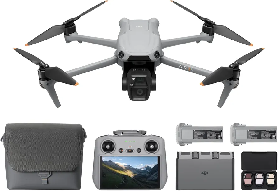 Pack DJI Air 3S Vuela Más (control remoto con pantalla RC 2), dron con gran angular con CMOS 1" y telecámara media, 4K/60 fps, detección de obstáculos omnidireccional y 3 baterías para volar más