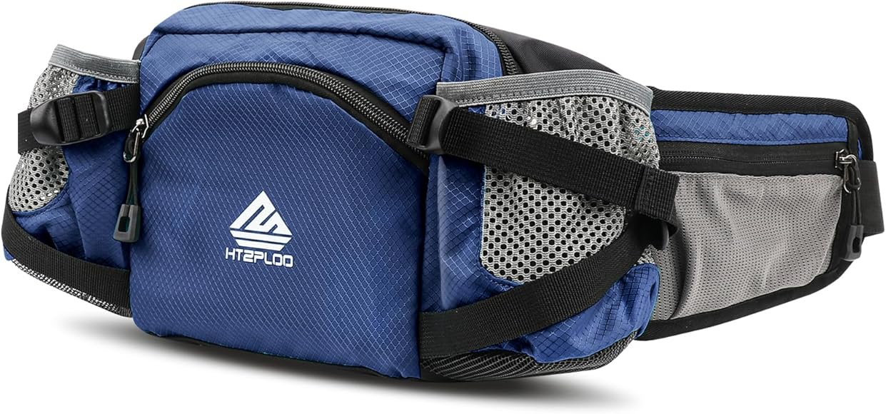 HTZPLOO Riñonera con soporte para botella de agua para hombres y mujeres, correr, senderismo, viajes, pasear al perro, entrenamiento, ciclismo al aire libre, Azul oscuro, Classic