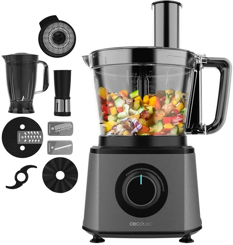 Cecotec Procesador de alimentos Paprika 1300 Full, 2000W de Potencia, Acero Inoxidable, 2 Velocidades, 3 Discos de corte, Incluye Bowl 3,5 L, Jarra 1,8 y Exprimidor