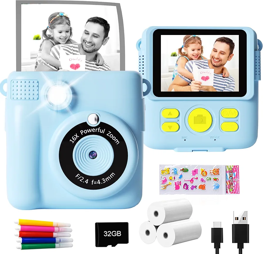 GKTZ Cámara de Fotos Instantáneas - 1080P Camara Fotos Infantil para Niños con Papel Fotográfico de Impresión y Tarjeta de 32G Regalo Juguete Niña 3 4 5 6 7 8 9 10 11 12 Años - Azul