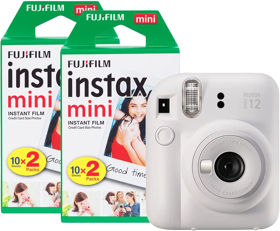 Fujifilm Instax Mini 12 - Cámara instantánea con Paquete de 40 películas de Disparo, Color Blanco Arcilla