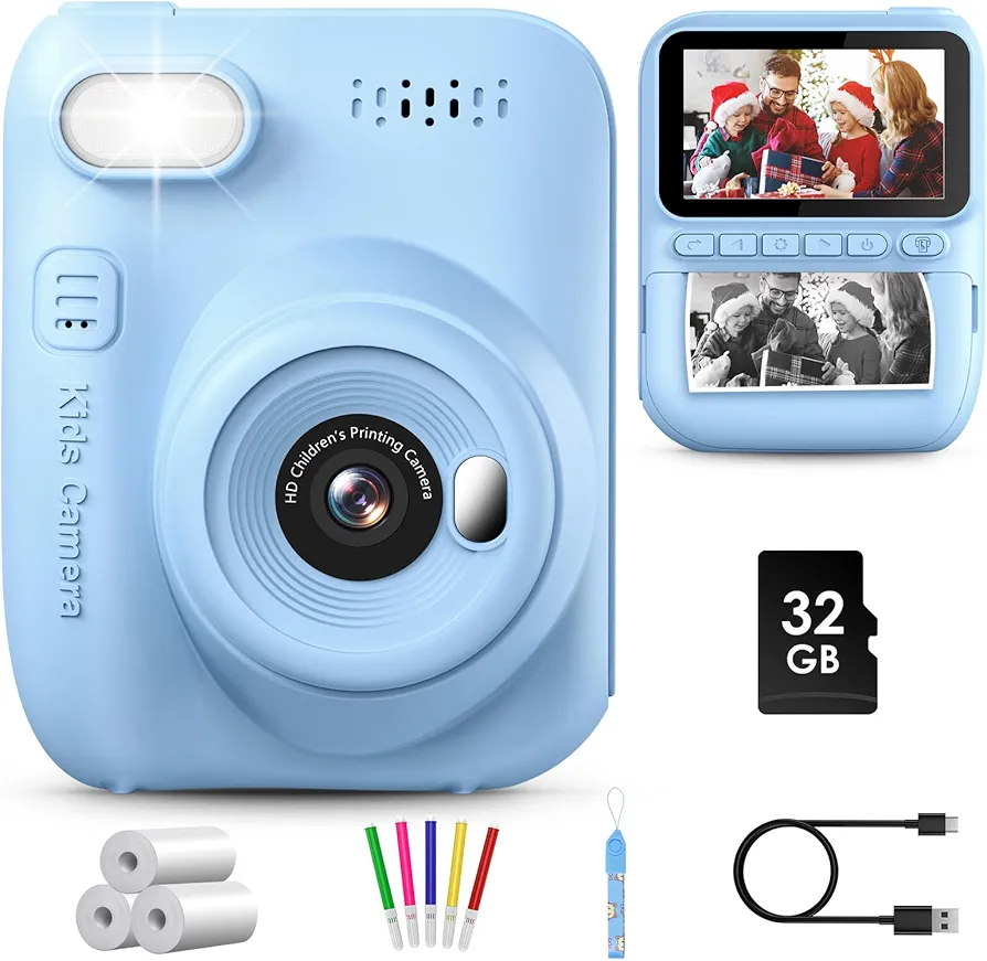 GREENKINDER Camara Fotos Infantil Instantanea, 3,0 Pulgadas 14 MP Camara Fotos Infantil con Tarjeta de 32 GB y Papel de Impresión, HD 1080P Cámara Instantánea para Niños y Niñas 3 a 12 Años