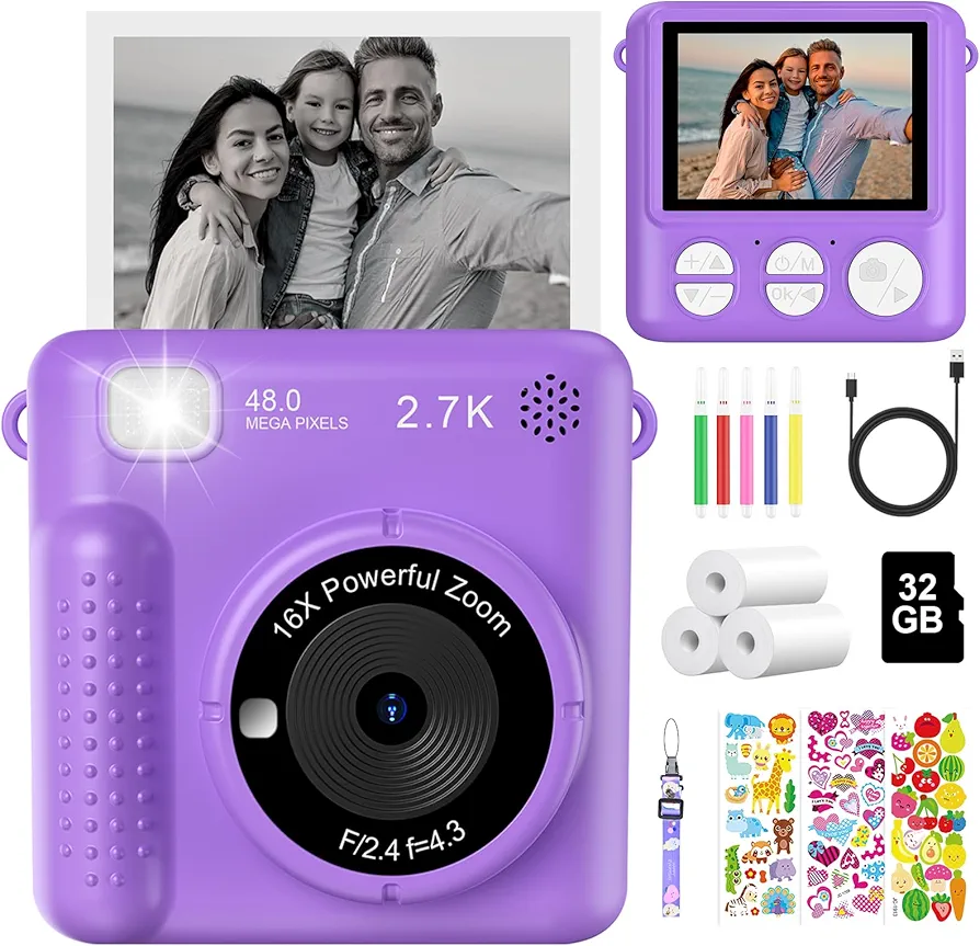 Camara Fotos Infantil Instantanea, 2,4 Pulgada 1080P HD Camara de Fotos para Niños con Tarjeta de 32G y Papel Fotográfico de Impresión, Juguete Cámara Digital, Regalos para Niños y Niñas 3 a 12 años