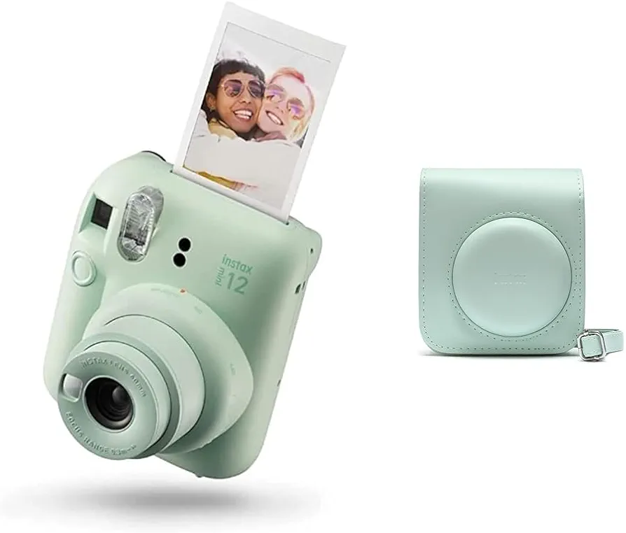 Instax Mini 12 Cámara instantánea, con autoexposición y Lente selfi incluida, Mint Green & Funda para Cámara Mini 12, Color Mint Green, Medida Única