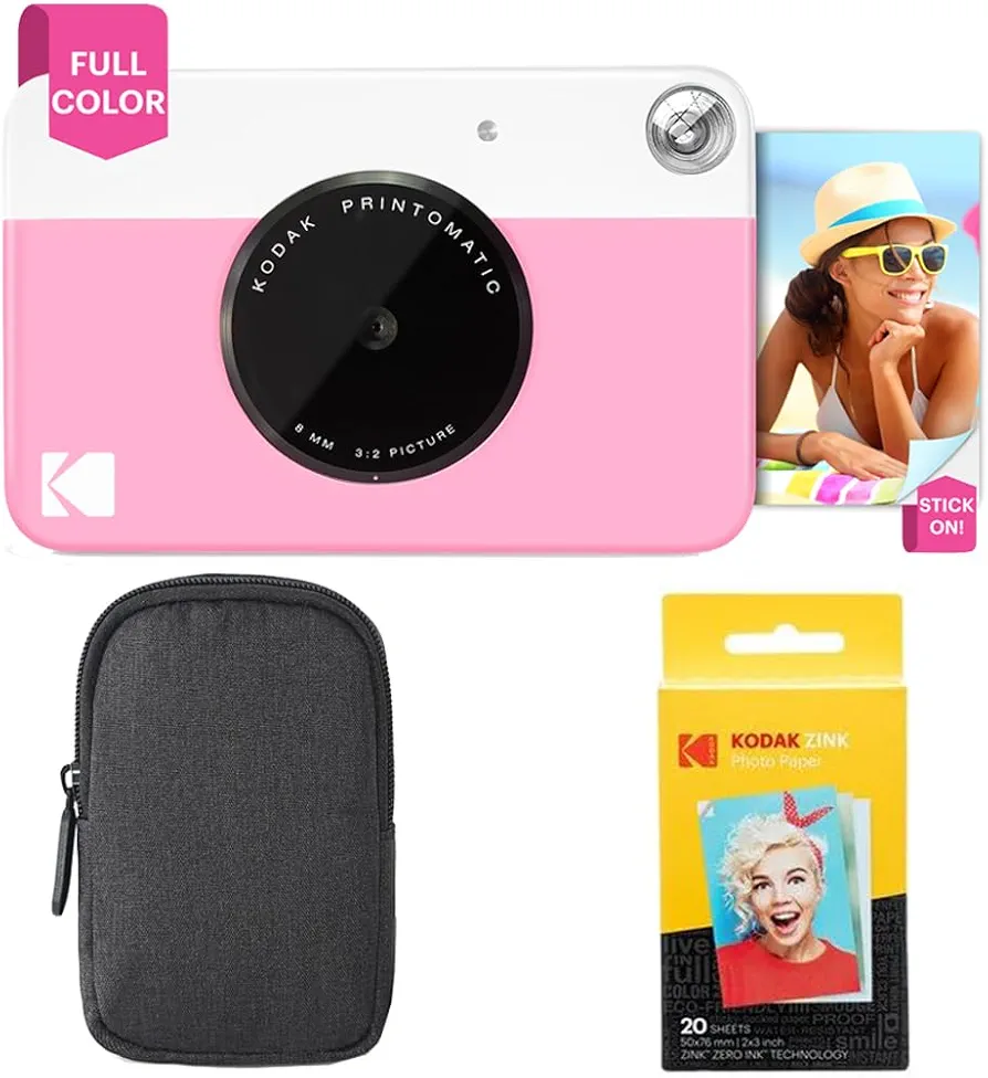 KODAK: Paquete básico de cámara instantánea Printomatic (Rosado) + Papel Zink (20 Hojas) + Funda cómoda .