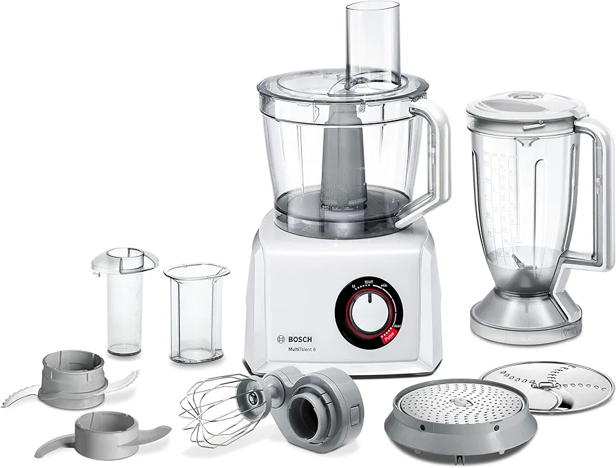 Bosch MultiTalent 8 MC812W501 - Robot de cocina compacto (3,9 L, batidora de 1,5 L, cuchillo universal, disco para rallar, disco reversible, disco para tortitas, 1000 W), color blanco