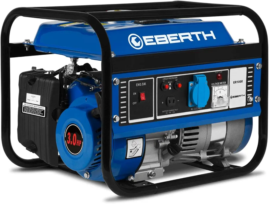 EBERTH 1000W Generador de corriente, Motor de gasolina de 4 tiempos y 3 CV, Refrigerado por aire, 1x 230 V, 1x 12 V, Arranque rectractil, Monofasico, Seguridad por falta de aceite, Voltímetro