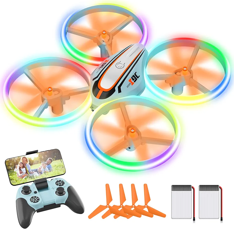 i9C Drone con Cámara para Niños,Mini Dron con Luces de Colores,Regalos y Juguetes Helicóptero RC Quadcopter para Principiantes con Control de Gestos,Retención de Altitud,Modo sin Cabeza,2 Baterías