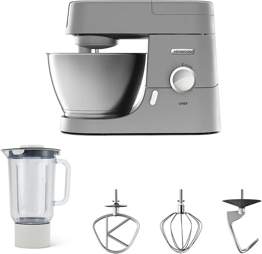 Kenwood Chef KVC3110S - Robot de Cocina Multifunción, Bol de Metal de 4,6 Litros, Varillas para Mezclar, Amasar y Batir, Indicador de Velocidades, 1000 W, Color Plata