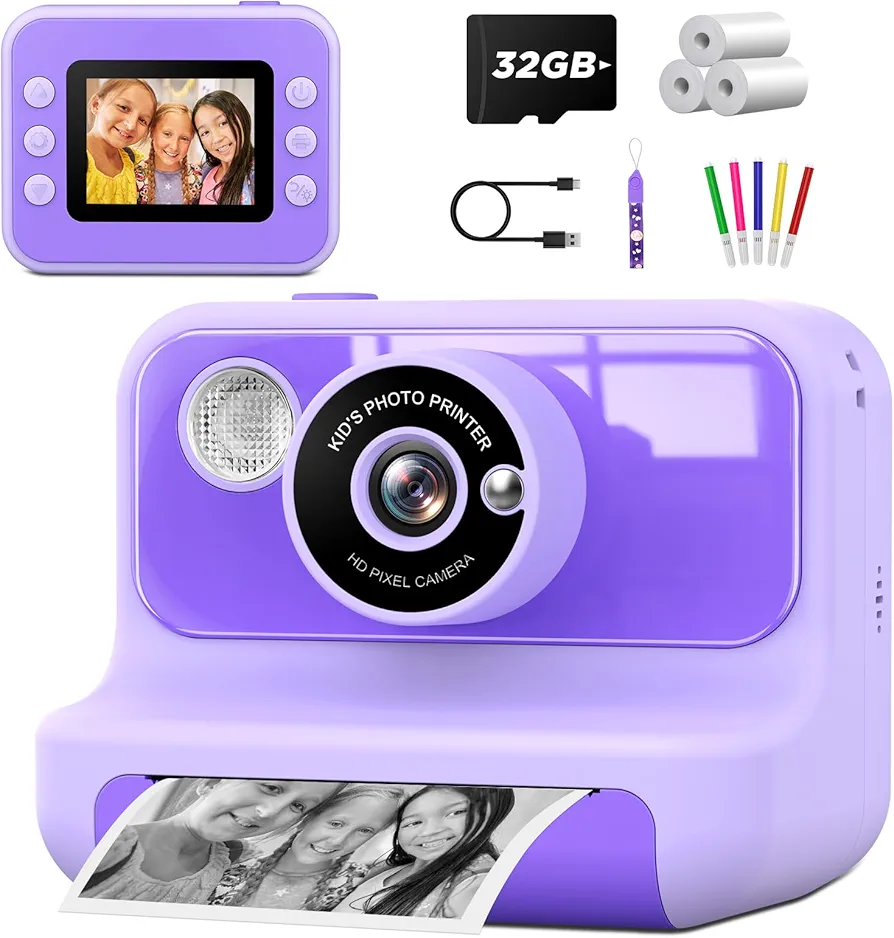 Cámara Instantánea para Niños,LETSHAHA 1080P 20MP 10X Cámara Fotos Instantánea Niños de Papel de Impresión 3D Negro y una Tarjeta de 32 GB,Cámara Infantil Instantánea,Regalo para Niños de 3 a 12 Años