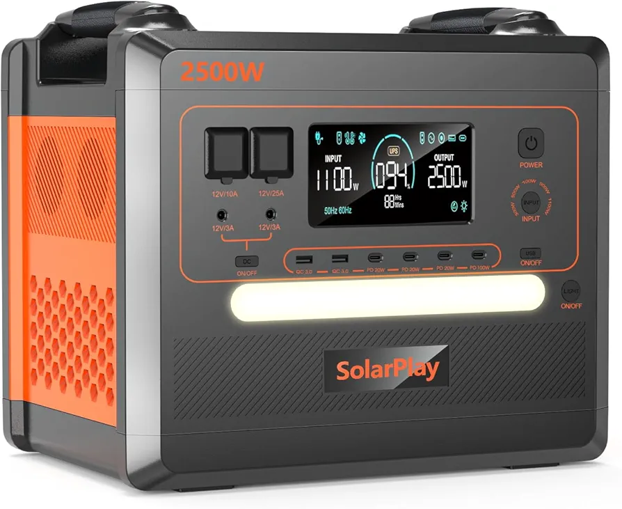 Solarplay - Estación de energía portátil (2500 W/2300 Wh, generador solar, LiFePO4, pico de 4800 W, 12 puertos, UPS 230 V, generador de corriente portátil para acampar al aire libre, viajes en