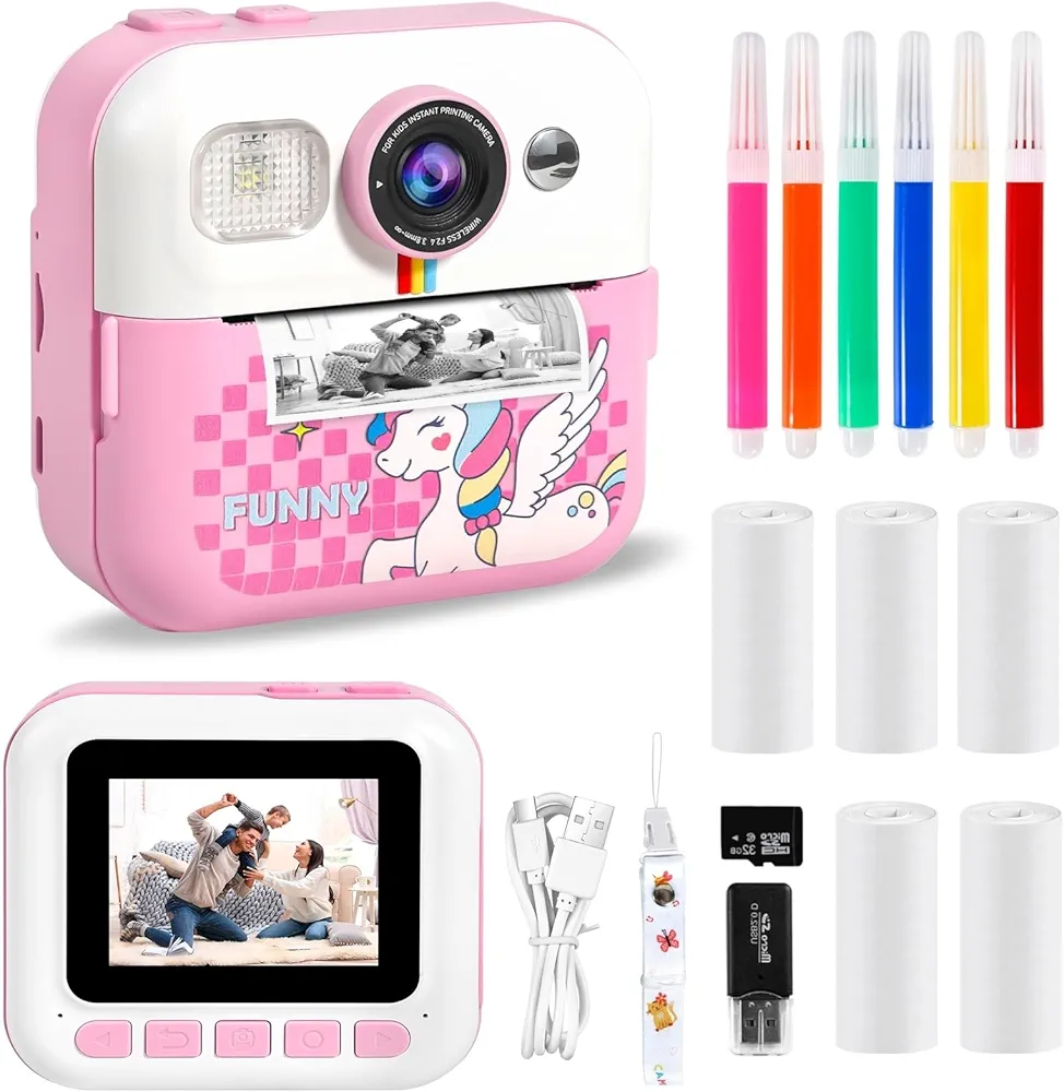 Camara Fotos Infantil Instantanea, 2.4" HD 1080P Cámara para Niños con Tarjeta SD de 32GB,Bolígrafos de Colores y Papel de Impresión,Regalos Juguete