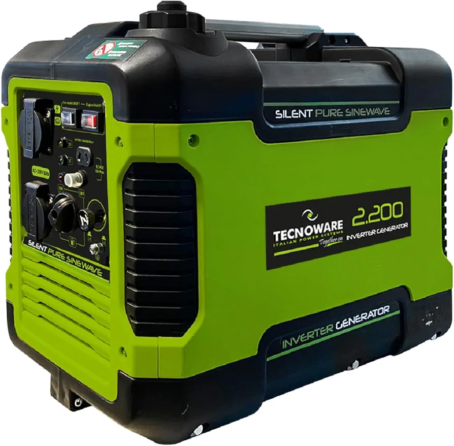 Tecnoware Power Systems - Generador Eléctrico Portátil 2200VA | Inverter Silencioso 58dB | Eco Speed Control | 2 Tomas Schuko | Motor OHV 4 Tiempos | Gasolina, Verde, 2200 VA