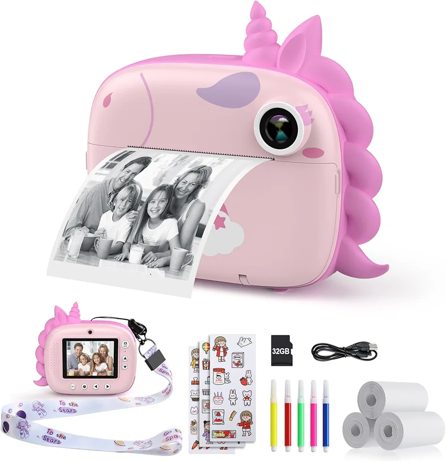 HiMont Cámara de Fotos Instantáneas para Niños con Papel de Impresión y Tarjeta SD de 32G,20MP, Cámara de Fotos para Niños con Bolígrafos de Colores, Regalo para Niños de 3 a 14 años (Rosa)