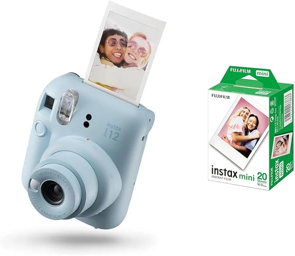 Instax Mini 12 Cámara instantánea, con autoexposición y Lente selfi incluida, Pastel Blue & Fujifilm Mini Brillo Película Fotográfica Instantánea (2 x 10 Hojas), Blanco