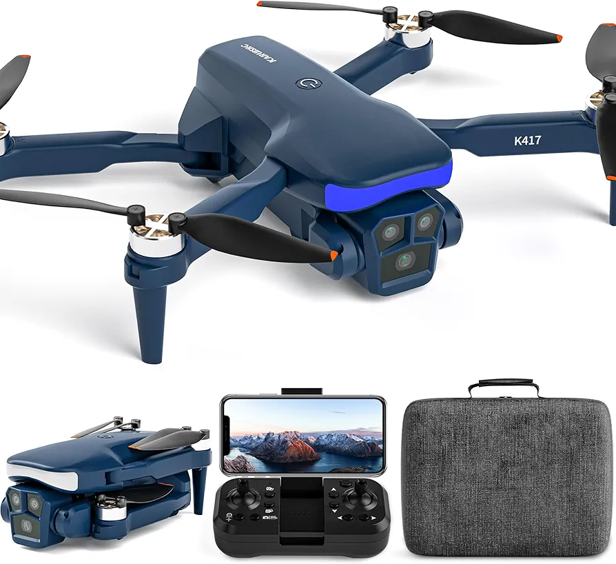 K417 Drone con Cámara 1080P Luz LED Azul para Niños,ESC 90°Ajustable Eléctrico FPV Dron con Video,Motor sin cepillo RC Quadcopter para Adultos,Mini Drone con Bolsa para Principiantes,Modo sin Cabeza