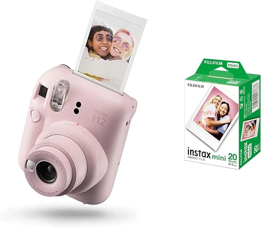 Instax Mini 12 Cámara instantánea, con autoexposición y Lente selfi incluida, Blossom Pink & Fujifilm Mini Brillo Película Fotográfica Instantánea (2 x 10 Hojas), Blanco