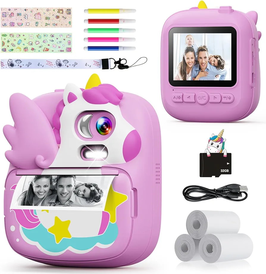 CAMCLID Camara Fotos Infantil Instantanea, 2,4 ’‘ HD 1080P Cámara Fotos Infantil con Tarjeta de 32G y Papel Fotográfico de Impresión, Niños y Niñas de 3 a 12 años (Violeta)