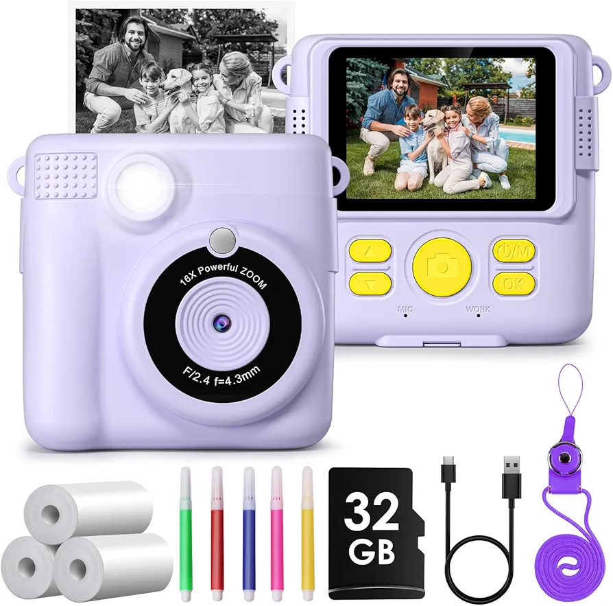 Camara Fotos Infantil Instantanea,GREENKINDER Camara Fotos Infantil,2.4" HD 1080P Cámara Instantánea para Niños con Tarjeta de 32GB,Bolígrafos de Colores y Papel de Impresión,Regalos Juguete