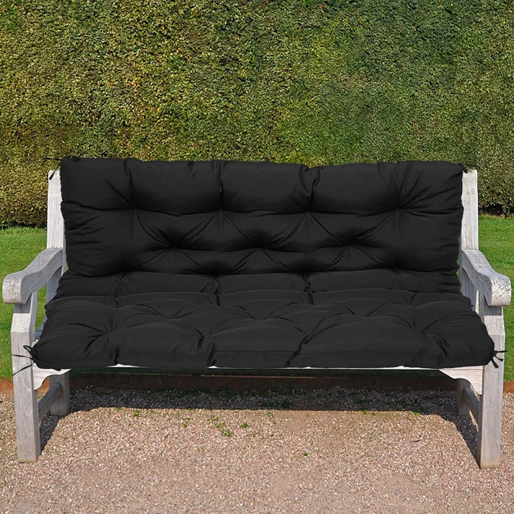 Cojín impermeable para banco de jardín al aire libre con respaldo de 2/3 plazas, para patio, columpio, sofá, porche, lazos antideslizantes, 150 x 100 x 10 cm, color negro