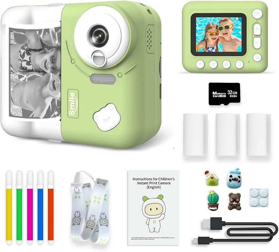 Camara Fotos Infantil instantanea,2,4" HD 1080P Cámara Instantánea para Niños,con Tarjeta de 32G Bolígrafos de Colores y Papel de Impresión,Juegos,Regalo para Niños de 3 a 12 años - Verde