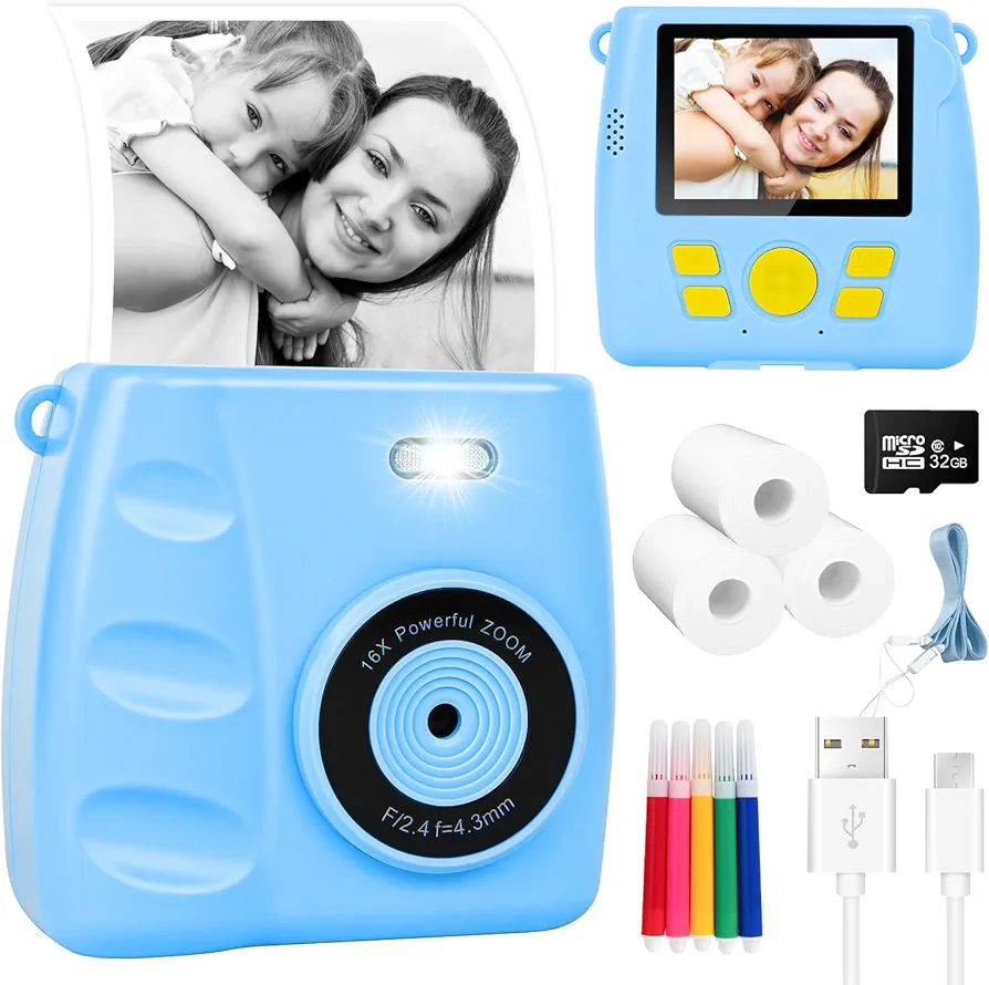 Cámara de impresión instantánea para niños, cámara instantánea 1080P de 2.4 pulgadas para niños con tarjeta de 32 G y 3 rollos de papel fotográfico impreso, cámara digital para niños, juguetes de