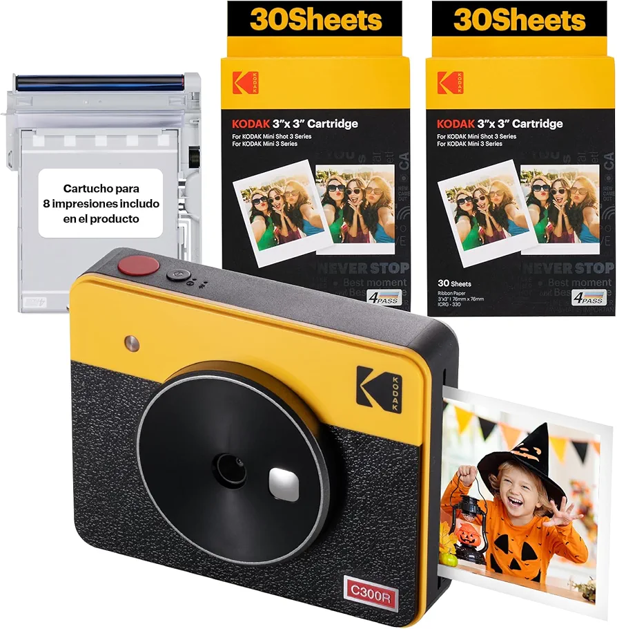 KODAK Mini Shot 3 Retro 4PASS 2-en-1 Cámara Instantánea e Impresora de Fotos (7,6x7,6cm) + Pack con 68 Hojas, Amarillo