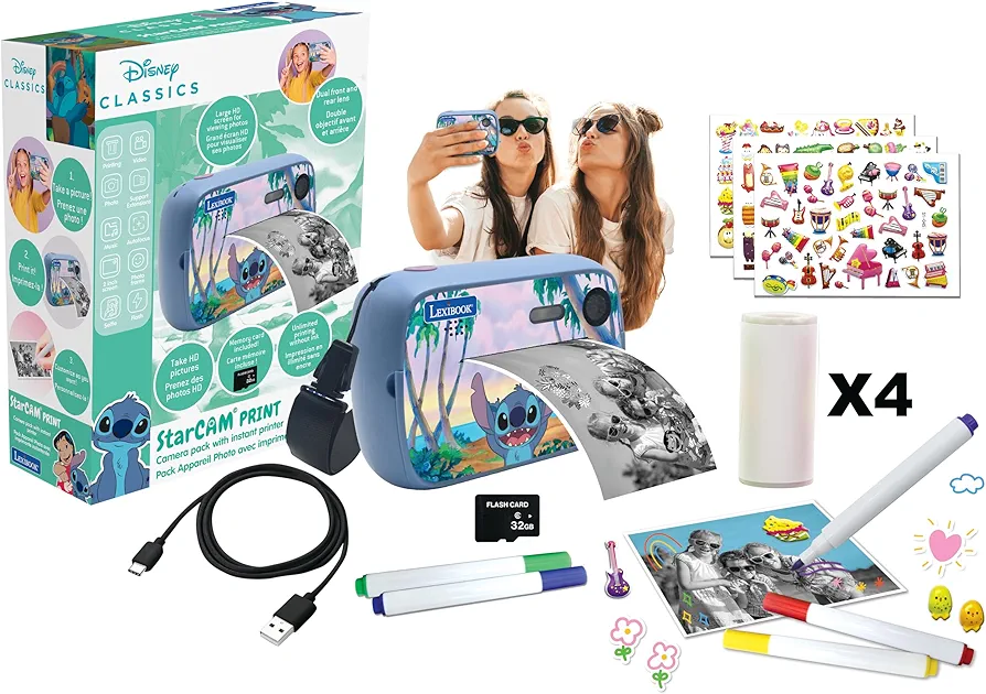 Lexibook, Disney Stitch, StarCAM Print, Pack de cámara con Impresora instantánea, función de Foto y vídeo, Tarjeta SD de 32 GB y Kit de personalización de Fotos incluidos, Azul, DJ150D