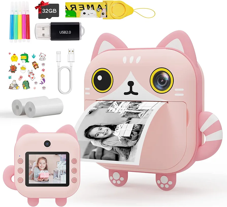 Selvim Cámara Selfie Instantánea para Niños, 2,4 Pulgadas Pantalla Videocámara 1080P HD con Papel de Impresión y 32 GB Tarjeta TF, Cámara Digital Infantil para Niñas Regalo Cumpleaños y Navidad