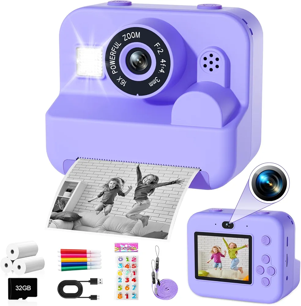 GKTZ Cámara de Fotos Instantáneas - Doble Cámara Fotos Infantil con Papel de Impresión y Tarjeta SD de 32G, Regalo para Niños de 3 a 14 años (Morado)